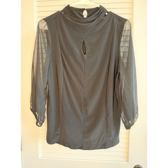 Adele & May Black Sheer Sleeve Mock Neck Keyhole Blouse Top Size S NWT - Picture 1 of 9